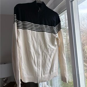 Banana Republic Men's Black and White Striped Zip Up Sweater